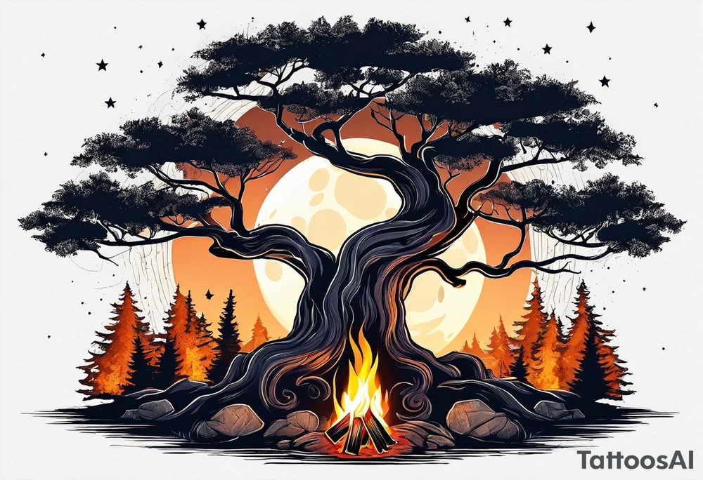 design moon tree campfire. playing the guitar music tattoo idea