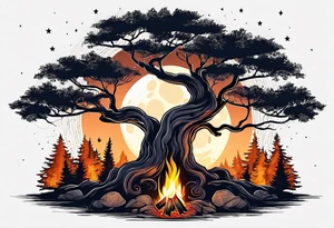 design moon tree campfire. playing the guitar music tattoo idea
