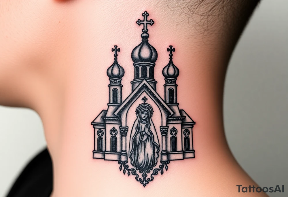 medium traditional russian orthodox church with a russian coat arms and virgin mary tattoo idea