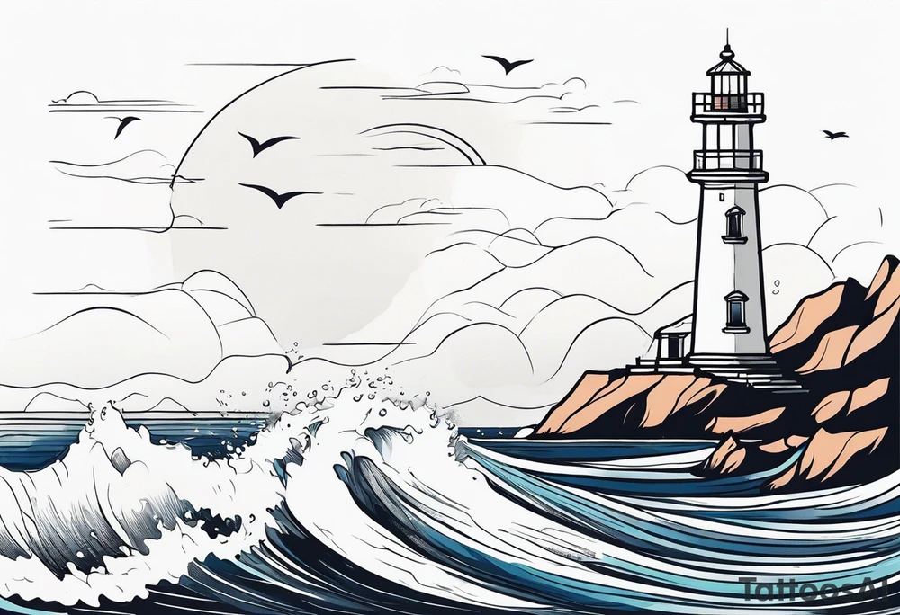 lighthouse in very fine line with a rough sea tattoo idea