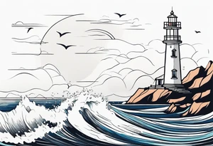 lighthouse in very fine line with a rough sea tattoo idea