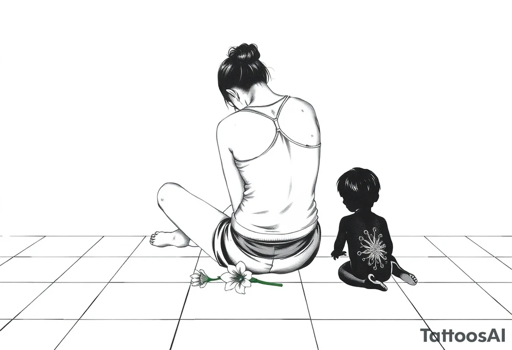a tile floor with a minimalist realistic silhouette of the back of a thin woman sitting curled on the tile floor and a black silhouette of a young child sitting next to her with a lily next to them on the floor. The woman is wearing a Racerback tank top, running shorts, has dark hair pulled up high, and her head is down. tattoo idea