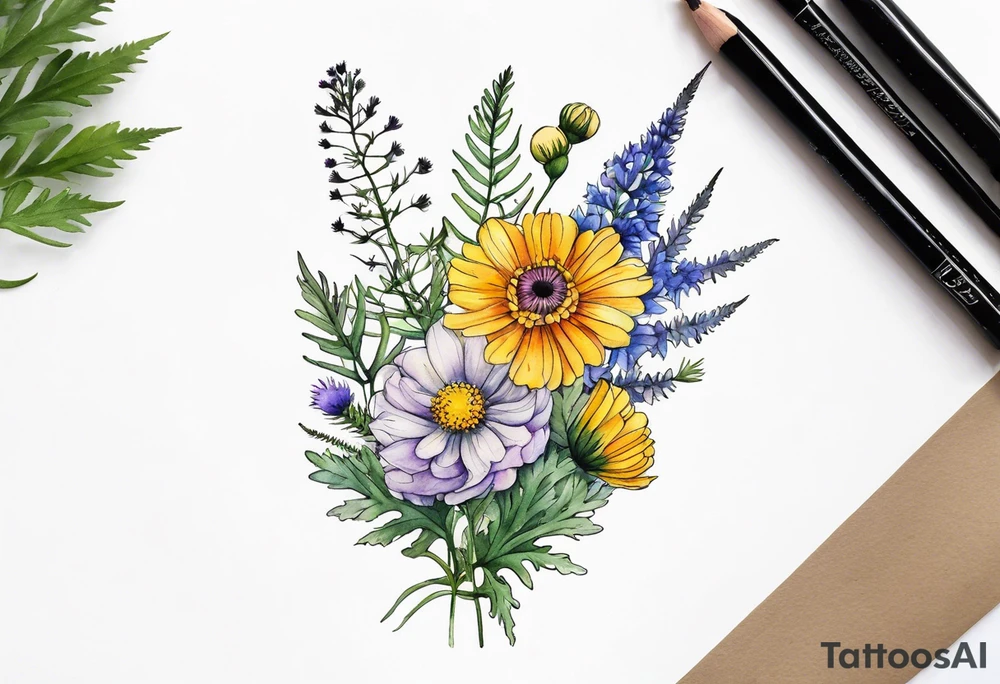 mixed wildflower bouquet with ferns, ranunculus, thistle and with watercolor to go along foot tattoo idea