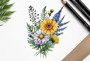 mixed wildflower bouquet with ferns, ranunculus, thistle and with watercolor to go along foot tattoo idea