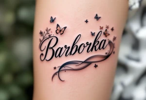 Barborka name wrapped in a flowing ribbon, with soft pastel butterflies fluttering around. tattoo idea