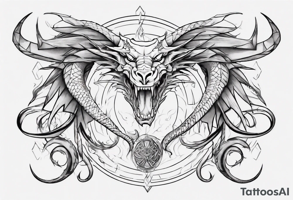 a long dragon intertwined along the arm with horns, mane, scales tattoo idea