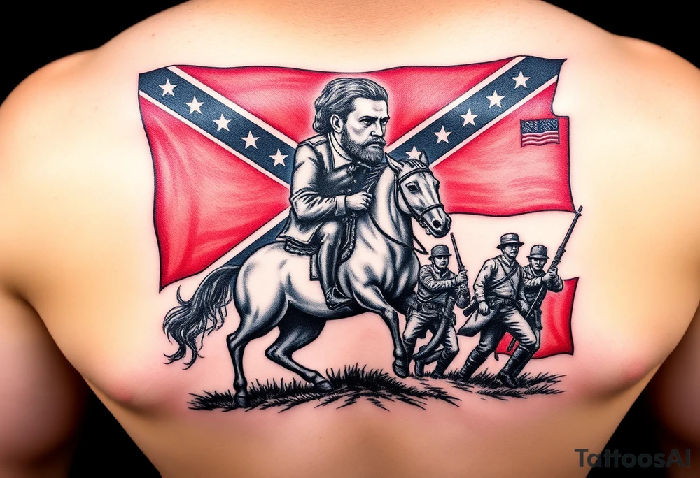 Confederate flag with a portrait of stonewall Jackson on a horse add in a battle scene with confederate soldiers winning & Jefferson Davis on one side add in shading and color tattoo idea