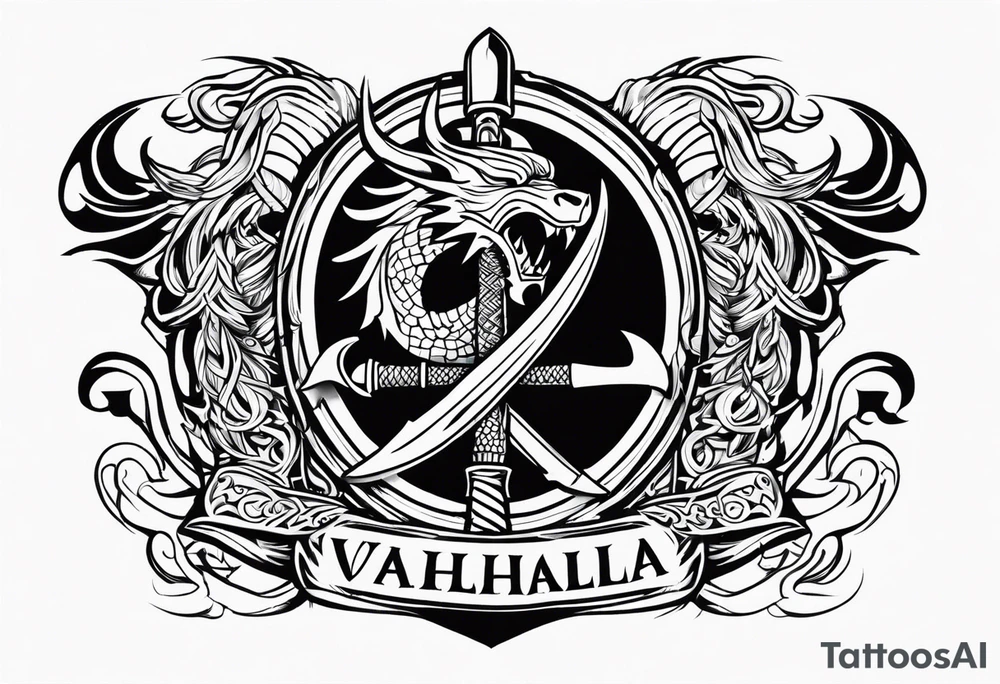 Valhalla sword dragon head axe viking church tattoo idea