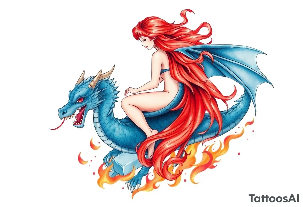 Redheaded girl on a blue dragon who is breathing fire with wings spread and flying over ice and flames tattoo idea