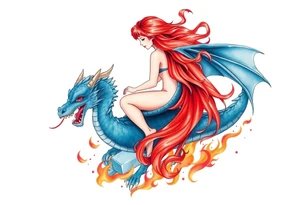 Redheaded girl on a blue dragon who is breathing fire with wings spread and flying over ice and flames tattoo idea