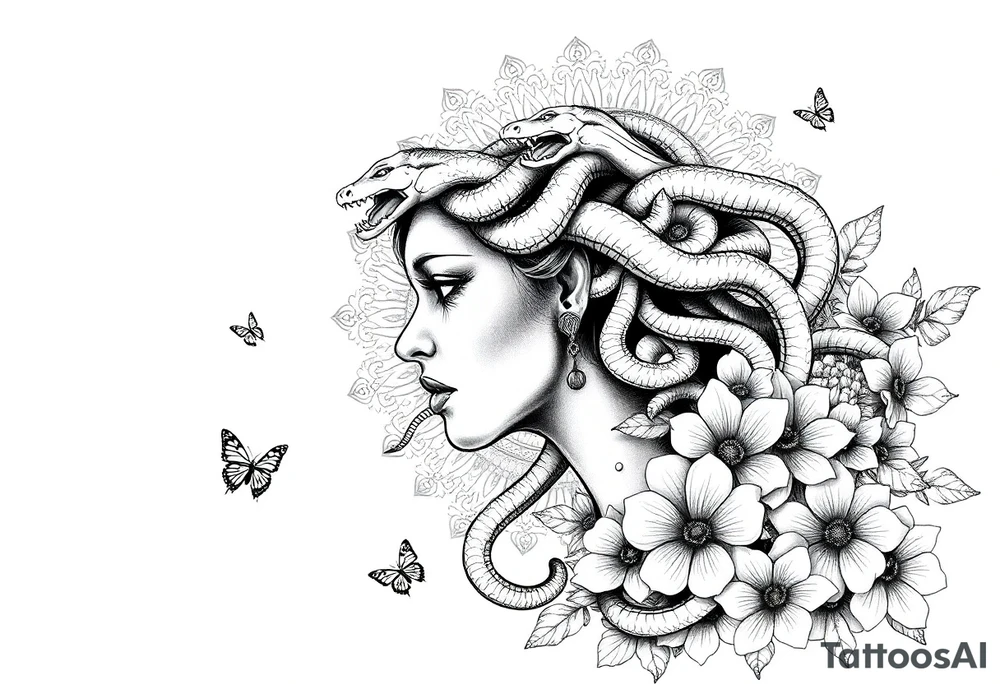 Side portrait of Medusa with snake heads, flowers, butterflies and mandala background tattoo idea