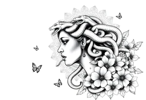 Side portrait of Medusa with snake heads, flowers, butterflies and mandala background tattoo idea