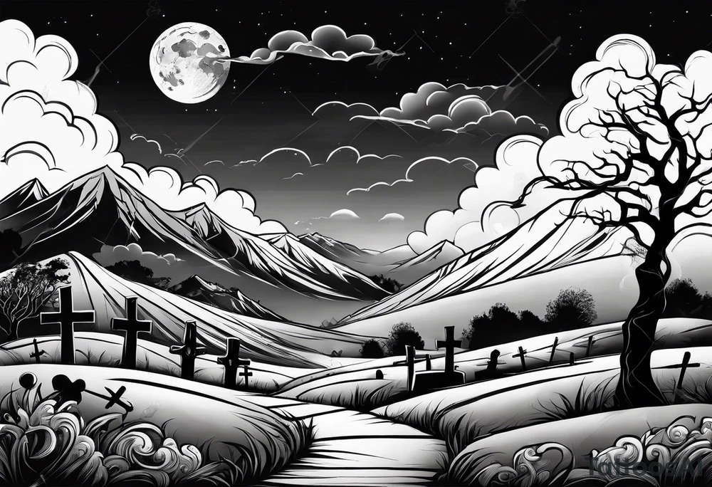 Graveyard with moon and smoke  on hills with clouds tattoo idea