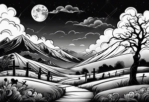 Graveyard with moon and smoke  on hills with clouds tattoo idea