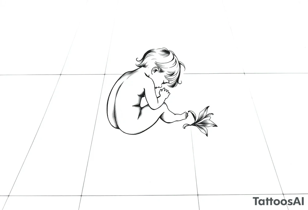 A simple tile floor with a minimalist silhouette of a curled up child sitting on the floor with a lily next to her tattoo idea