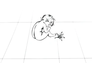 A simple tile floor with a minimalist silhouette of a curled up child sitting on the floor with a lily next to her tattoo idea