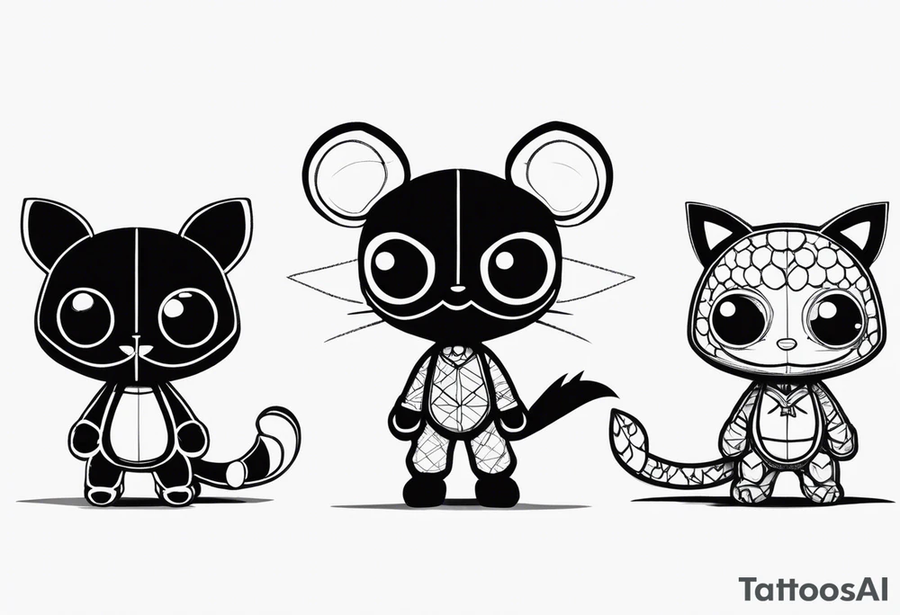 Three sackboys from "litten big planet" in a row, full Black, different poses tattoo idea