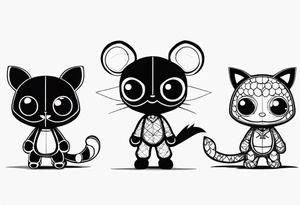 Three sackboys from "litten big planet" in a row, full Black, different poses tattoo idea