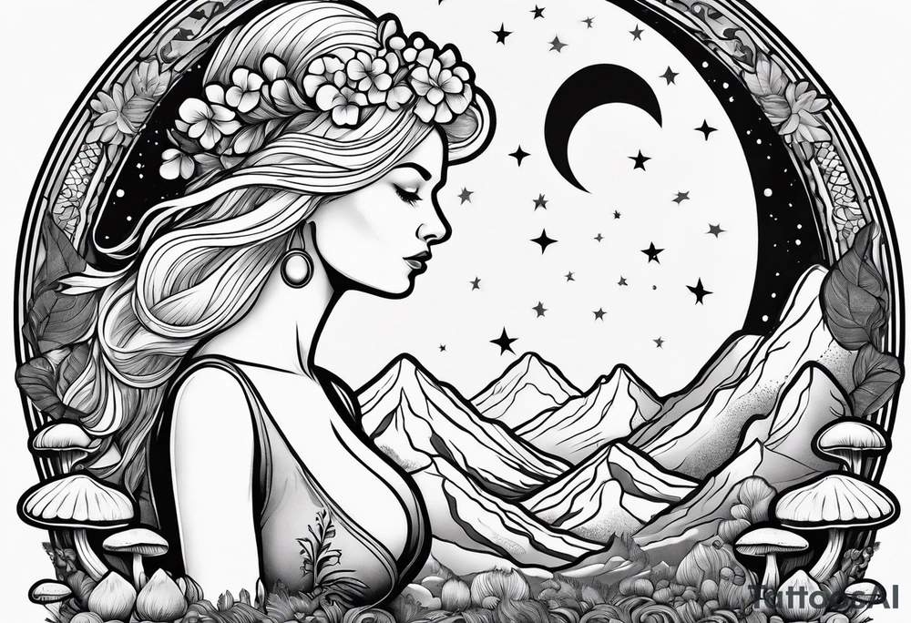 Older blonde fat woman no makeup surrounded by mushrooms mountains crescent moon background tattoo idea
