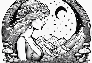 Older blonde fat woman no makeup surrounded by mushrooms mountains crescent moon background tattoo idea