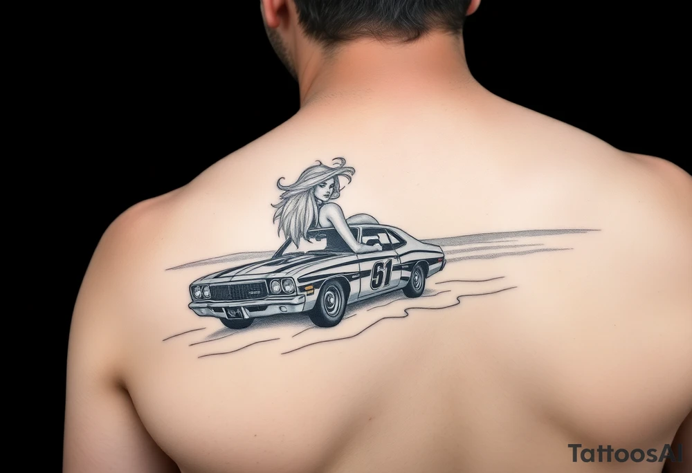 I want arm sleeve that starts with a beach with dale Earnhardt car on the beach with a hot blonde 80’s girl with big hair on the hood. Then an ocean with big waves then a big dark sky with the Milky Way in it and Jimi Hendrix Stratocaster in the sky tattoo idea