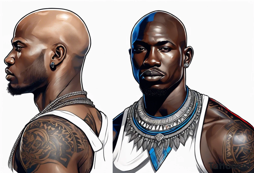 Black-skinned bald african warrior. He wears a simple and small silver crown. He wears two simple necklaces: one blue, other red. tattoo idea