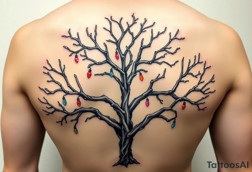 An eerie tree made out of human bones. The bigger the branches, the bigger the bones, so small branches will be hand and finger bones. There are also glass lights hanging throughout the tree and the lights are all colors of the rainbow. So this eerie tree is still somewhat beautiful tattoo idea
