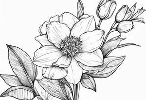 Dainty mini fine line 
Bouquet Held together with a bow:
DAFFODIL
JONQUIL
ASTER
MORNING GLORY tattoo idea