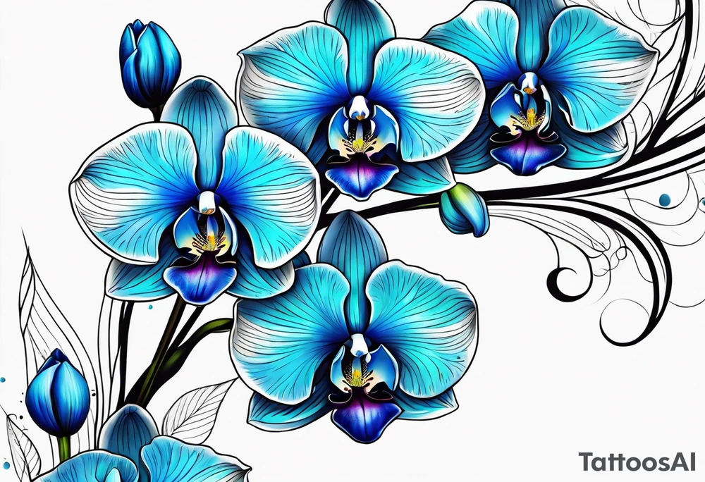 Long blue orchid with extra details tattoo idea