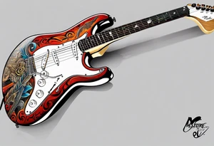 Marlin, Gibson flying V, Fender Stratocaster, musical notes tattoo idea