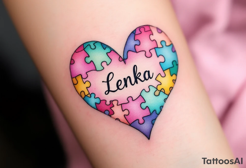 A heart made of puzzle pieces, each piece a different pastel, with name Lenka in the center. tattoo idea