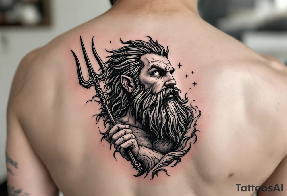 funny poseidon, behind a trident, looking at the sky tattoo idea