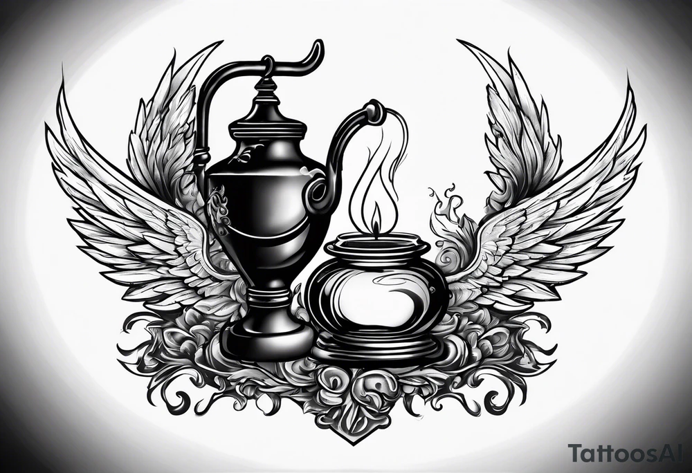 Extinguished oil lamp with smoke and angel wings tattoo idea