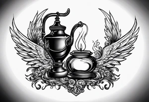 Extinguished oil lamp with smoke and angel wings tattoo idea