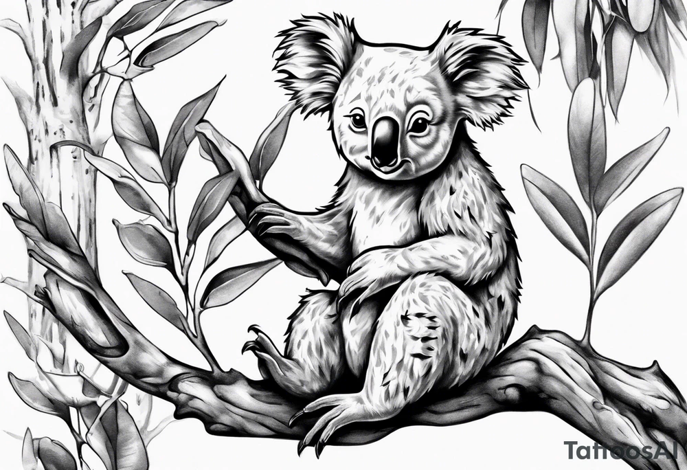 A koala with a kookaburra sitting on a eucalyptus tree tattoo idea