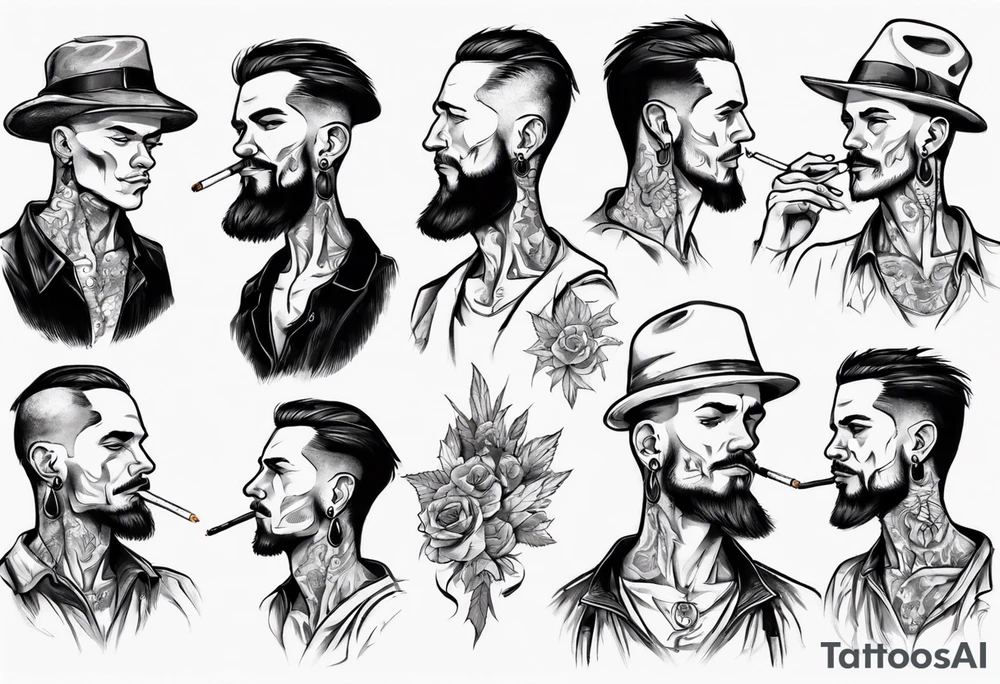A man without tattoos without a hat with earrings in his ears stands smoking a cigarette tattoo idea