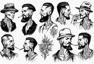 A man without tattoos without a hat with earrings in his ears stands smoking a cigarette tattoo idea