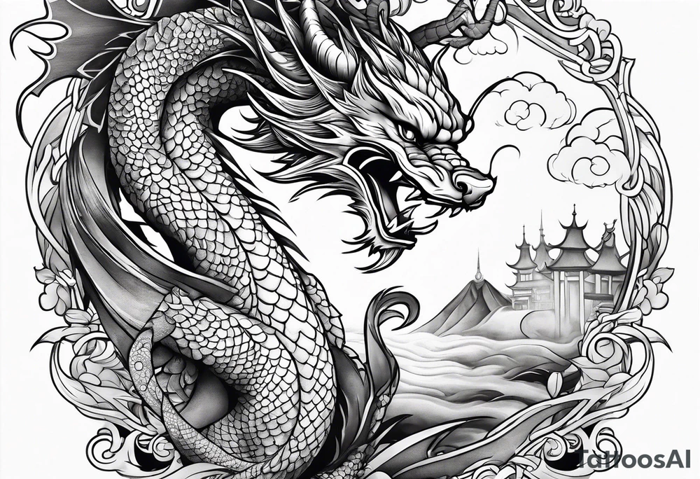 long horizontal tattoo with dragon and a cat tattoo idea