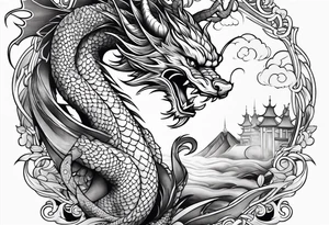 long horizontal tattoo with dragon and a cat tattoo idea