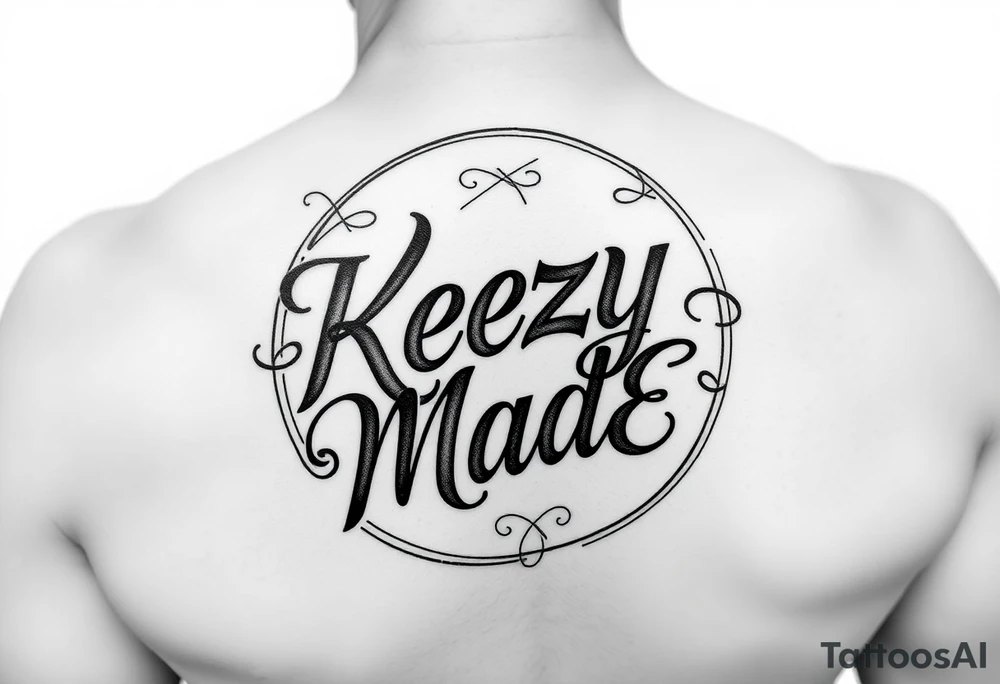 A fancy but rugged intertwined circular arched curvy lettering that would be clothing brand style that says (KeezY MadE) tattoo idea