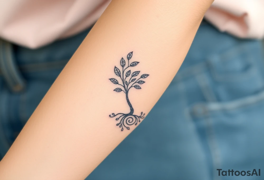 A tree with fee leaves, with a spiral line moving outward, as its roots tattoo idea