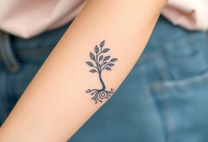 A tree with fee leaves, with a spiral line moving outward, as its roots tattoo idea