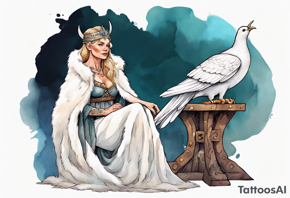 a 45-year-old Viking queen wearing a white fur cloak sitting on a throne with a dove on her shoulder tattoo idea