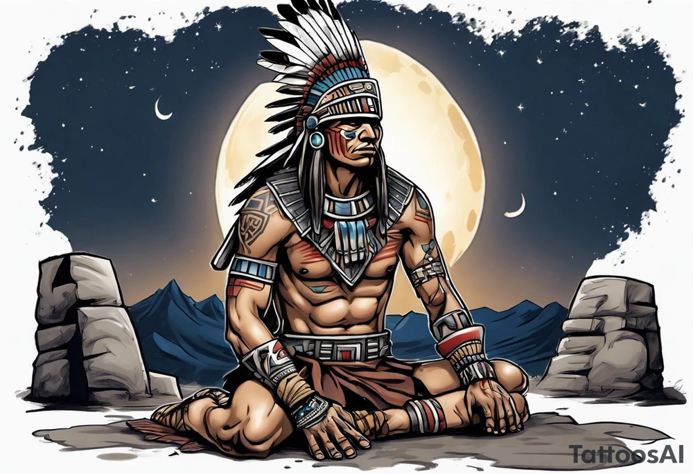 a heartbroken, tired, aztec warrior seeking peace after fighting for decades kneeling under the moonlight looking up to the sky tattoo idea