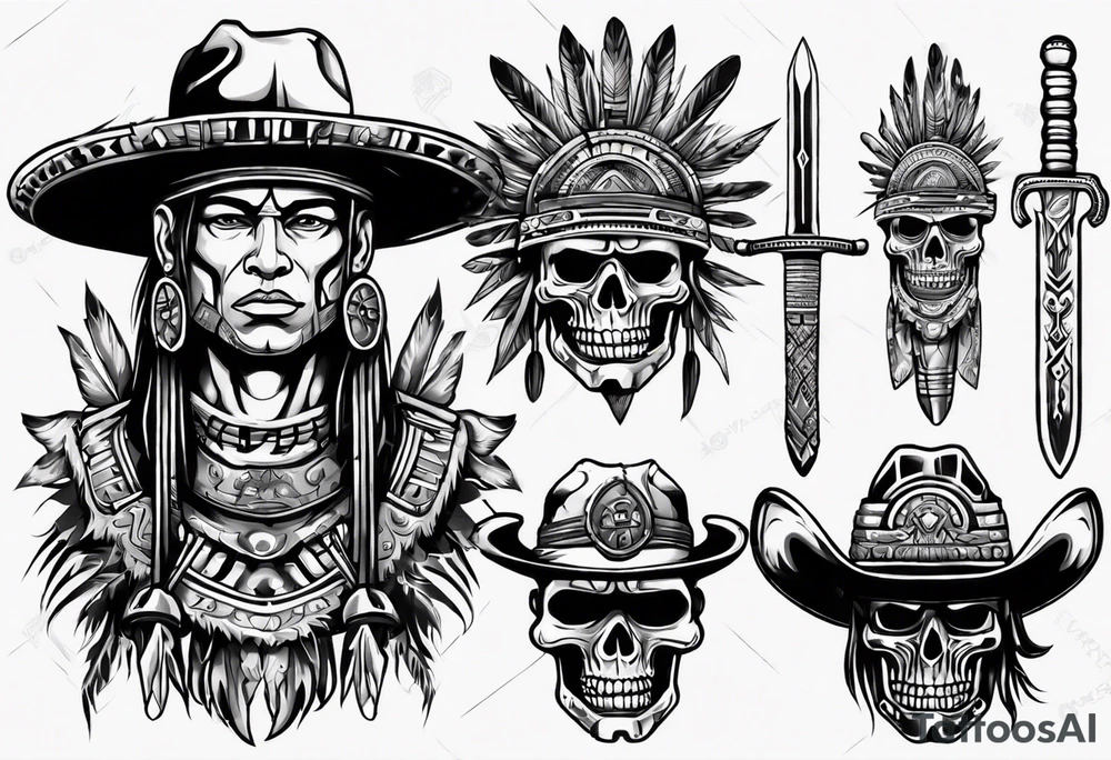 Aztec warrior with cowboy hat holding a sword tattoo idea