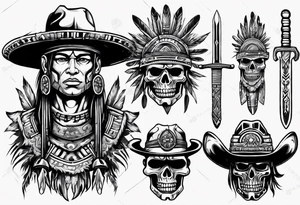 Aztec warrior with cowboy hat holding a sword tattoo idea