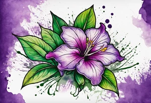 A mystical outline of a dipladenia flower and a green/purple watercolor splatter in the background to make the flower mainly green with purple highlights tattoo idea