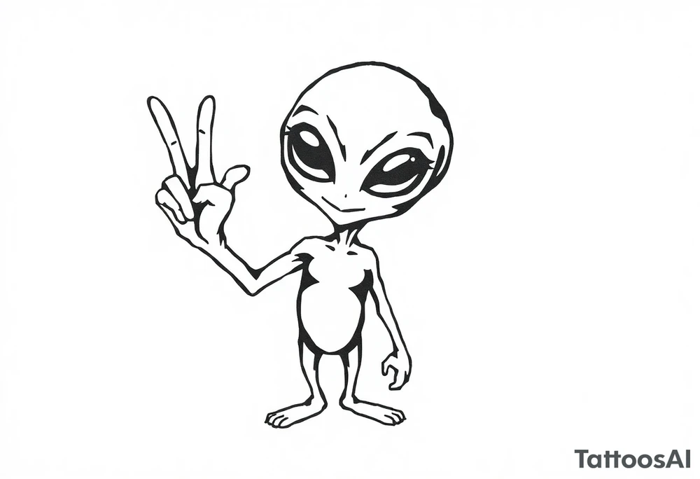 A silhouette stencil style drawing of a cute alien giving a peace sign tattoo idea