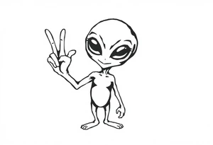 A silhouette stencil style drawing of a cute alien giving a peace sign tattoo idea