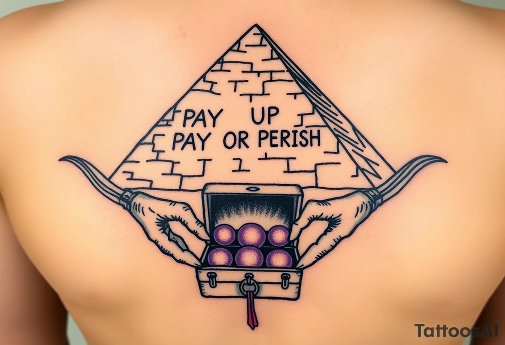 "Great Pyramid with 'PAY UP OR PERISH' carved in hieroglyphs. Alien hands (in white gloves) exchange a briefcase of glowing orbs.  

Style: 1950s pulp sci-fi. Colors: sand yellow/black/purple." tattoo idea